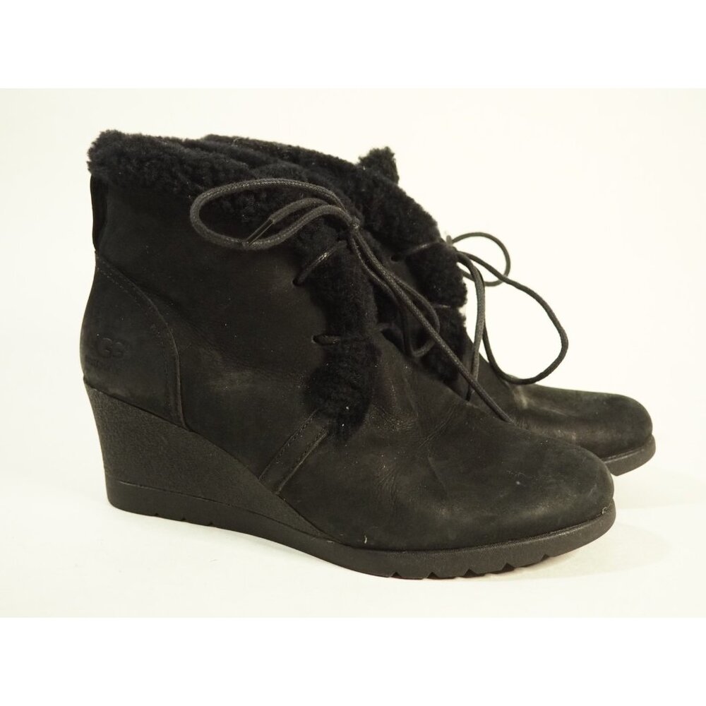 Ugg Black Leather Wedge Black Sheepskin Lined Heel Ankle Boots, 8